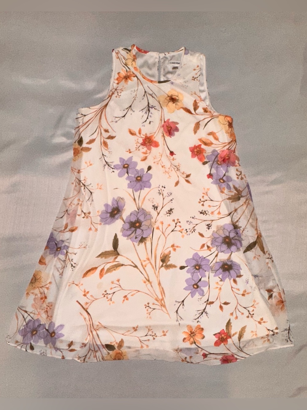 Calvin Klein Sleeveless Floral Midi Dress - Cream with Purple & Peach Flowers